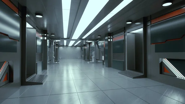 3d render. Futuristic hallway. Concept of modern architecture and interior spaceship