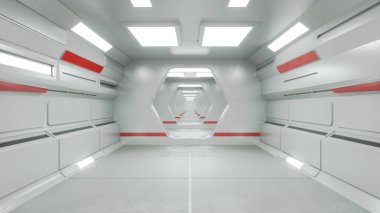 3 boyutlu görüntüleme. Geleceğin koridoru. Modern mimari ve iç uzay gemisi kavramı