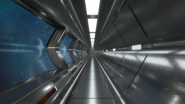 3D渲染 未来派走廊现代建筑和内部宇宙飞船的概念 — 图库照片