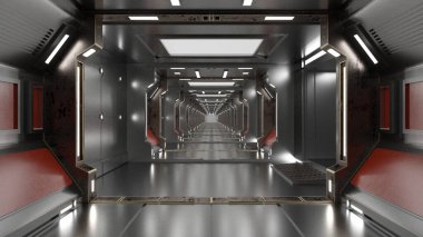3 boyutlu görüntüleme. Geleceğin koridoru. Modern mimari ve iç uzay gemisi kavramı