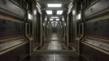 3 boyutlu görüntüleme. Geleceğin koridoru. Modern mimari ve iç uzay gemisi kavramı