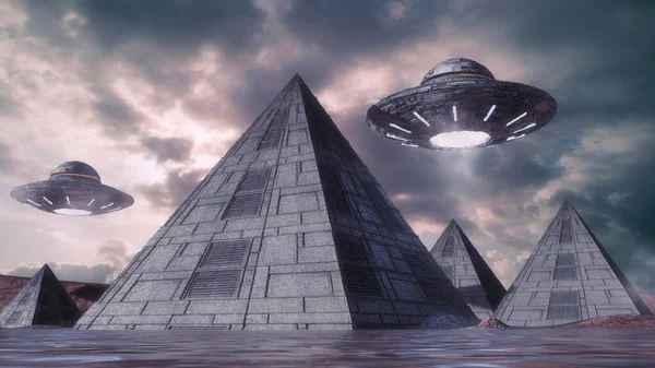 Rendering Futuristic Unidentified Flying Object Pyramid — Stock Photo, Image
