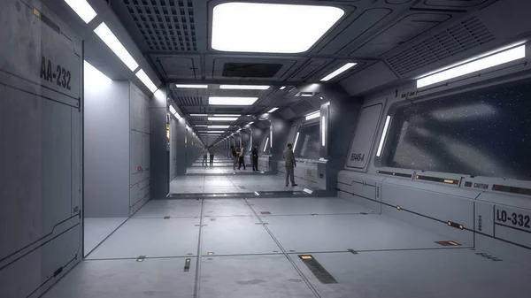 3Dレンダリング 未来的な宇宙船の廊下のインテリアデザイン — ストック写真