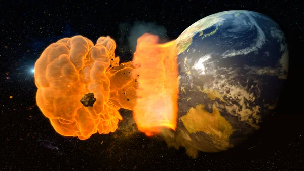 Vykreslování Meteorit Naráží Planetu Zemi — Stock fotografie