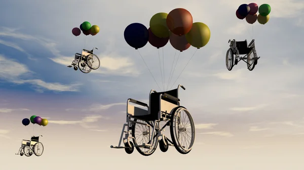 Silla de ruedas con globos en el cielo — Foto de Stock