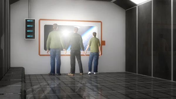 Tre män i futuristiska vardagsrum — Stockfoto