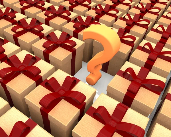 Gift boxes and question sign — Stock Photo, Image