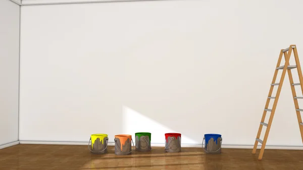 Quarto interior e latas de tinta — Fotografia de Stock