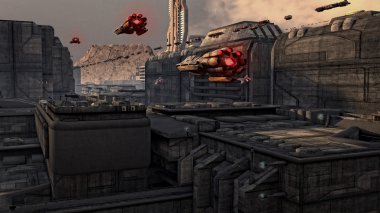 fütüristik şehir ve gemi