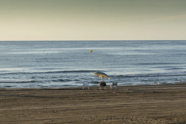 Plage avec parasol et chaises longues — Photo