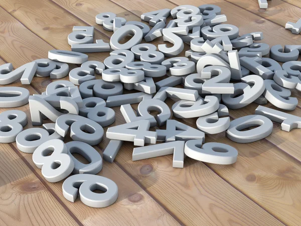 3d numbers falling on wooden floor — Stock Photo, Image