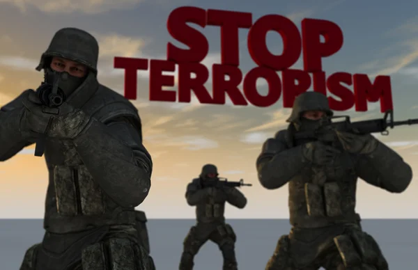 Soldiers with guns and stop terrorism sign — Stock Photo, Image