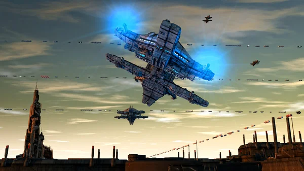 fütüristik şehir ve gemi