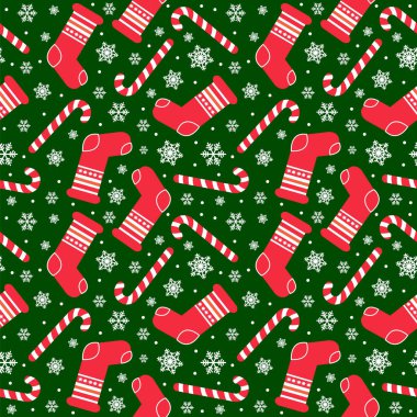 Yılbaşı çorapları, baston şekerler ve kar taneleriyle kusursuz vektör deseni. vektör illüstrasyonu