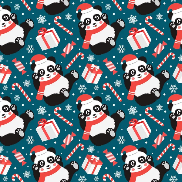 Cute Christmas Bezproblemowy Wzór Panda Cukierki Płatki Śniegu Bałwan Rękawiczki — Wektor stockowy