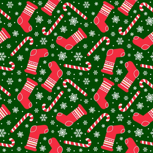 Seamless Vector Pattern Christmas Stocking Socks Candy Canes Snowflakes Vector — Stock Vector