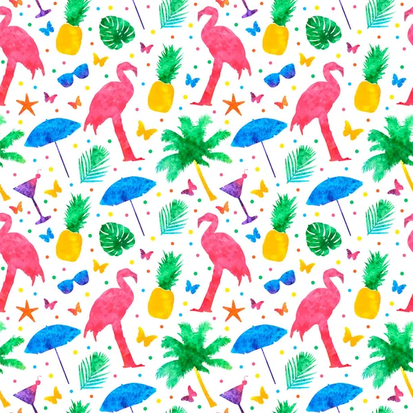 Bunte Sommer Elemente Nahtlose Muster Hintergrund Flamingos Monsterblätter Cocktails Und — Stockvektor