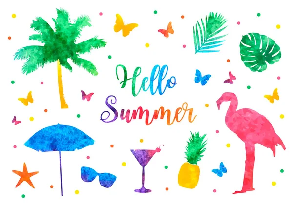 Hello Summer Bright Rainbow Banner Postcard Watercolor Silhouettes Palm Tree — Stock Vector
