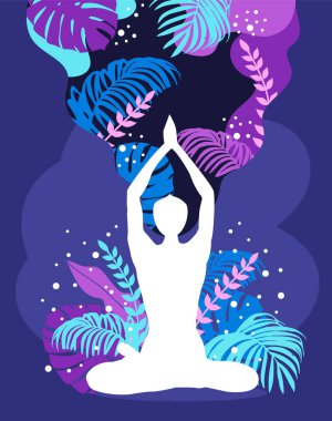 Lotus pozisyonunda oturan kadın. Meditasyon, yoga ve farkındalık. vektör