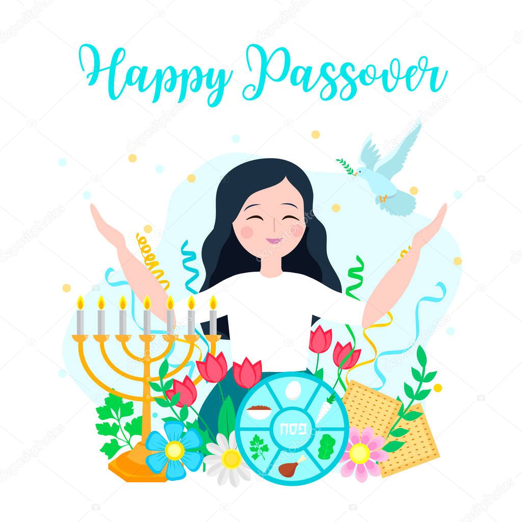 Jewish holiday Passover banner design with with floral decoration, matzo. vector