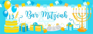 Bar Mitzvah davetiyesi ya da tebrik kartı. Yahudi bayramı, 13 yaşındaki çocuğun doğum günü vektörü.