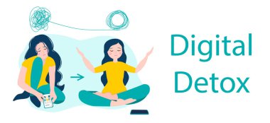 Dijital detoks ve meditasyon. Lotus pozisyonunda meditasyon yapan bir kadın. Vektör illüstrasyonu