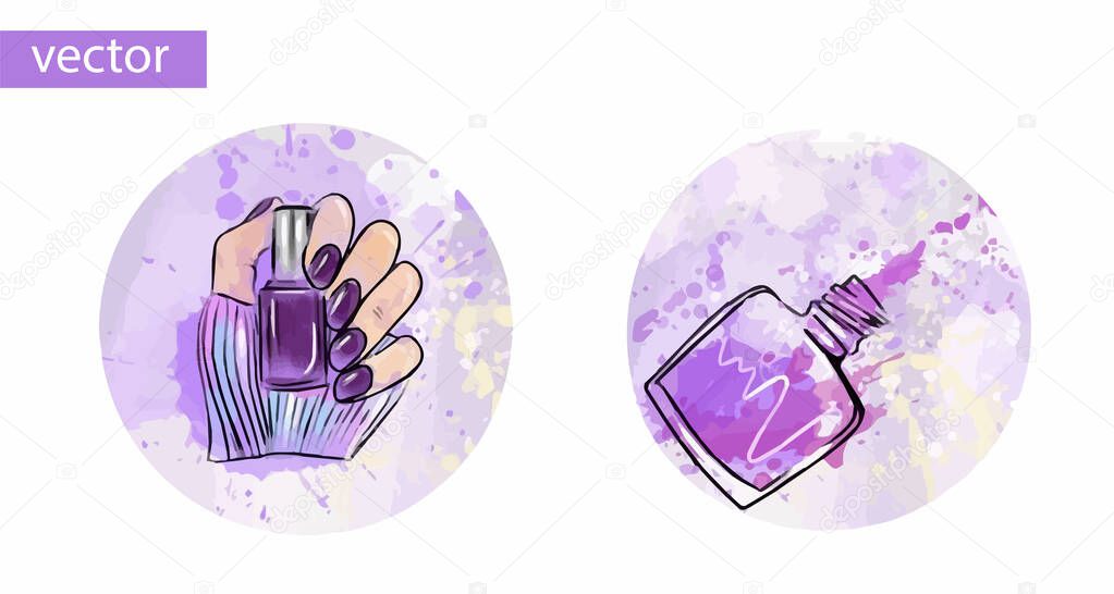 Nails and manicure icons, watercolor circles. Isolated on white. vector