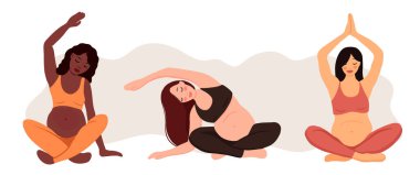 Farklı ırktan üç hamile kadın. Yoga ve meditasyon konsepti, vektör