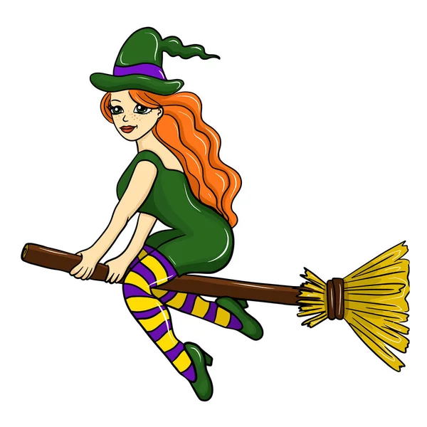 Cute Redhead Witch Flying Broomstick Cartoon Halloween Character Vector — Stock Vector