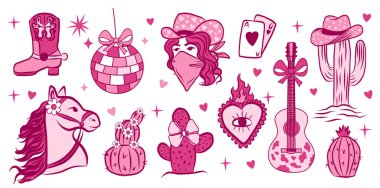 Kovboy kız batı unsurlarını çizdi. Tatlı, vahşi batı diskosu.