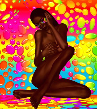Afro-Amerikan moda güzellik. Makyaj, Aksesuar eşleme ve bir arka plan karşı giyim ile güzel bir kadın çarpıcı bir renkli görüntü.
