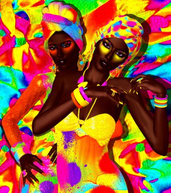 Young fashionable friends together against a colorful abstract background.