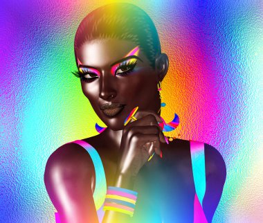 Afro-Amerikan moda güzellik. Makyaj, Aksesuar eşleme ve bir arka plan karşı giyim ile güzel bir kadın çarpıcı bir renkli görüntü.