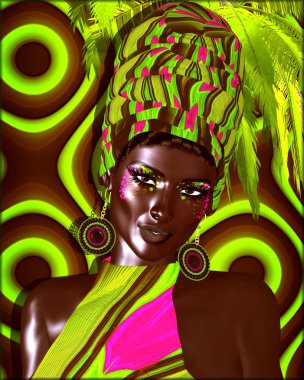 Afro-Amerikan moda güzellik. Makyaj, Aksesuar eşleme ve bir arka plan karşı giyim ile güzel bir kadın çarpıcı bir renkli görüntü.