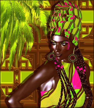 Afro-Amerikan moda güzellik. Makyaj, Aksesuar eşleme ve bir arka plan karşı giyim ile güzel bir kadın çarpıcı bir renkli görüntü.