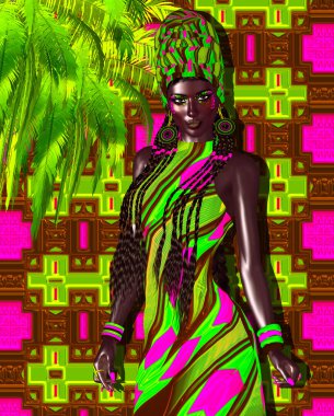 Afro-Amerikan moda güzellik. Makyaj, Aksesuar eşleme ve bir arka plan karşı giyim ile güzel bir kadın çarpıcı bir renkli görüntü.