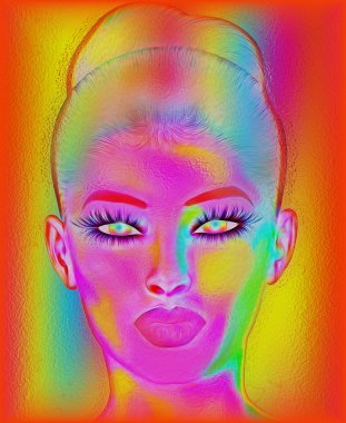 Bir kadının yüzüne, modern dijital sanat görüntü renkli arka plan ile yakından. 
