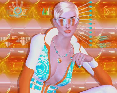 Modern bilim-kurgu kız fütüristik ayarı, kıyafet ve tonlarında.