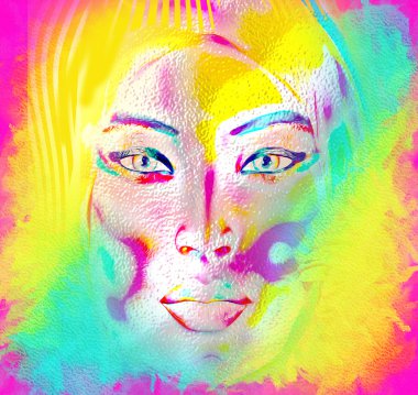 Bir kadının yüzüne, modern dijital sanat görüntü renkli arka plan ile yakından. 