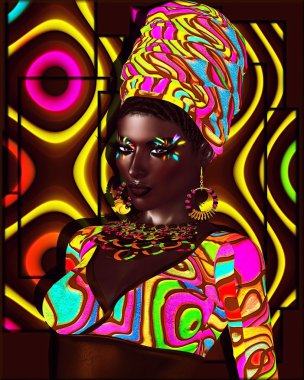 Afro-Amerikan moda güzellik. Makyaj, Aksesuar eşleme ve bir arka plan karşı giyim ile güzel bir kadın çarpıcı bir renkli görüntü.