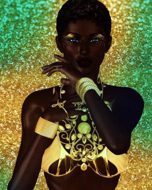 Afro-Amerikan moda güzellik. Makyaj, Aksesuar eşleme ve bir arka plan karşı giyim ile güzel bir kadın çarpıcı bir renkli görüntü.