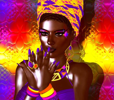 Afro-Amerikan moda güzellik. Makyaj, Aksesuar eşleme ve bir arka plan karşı giyim ile güzel bir kadın çarpıcı bir renkli görüntü.