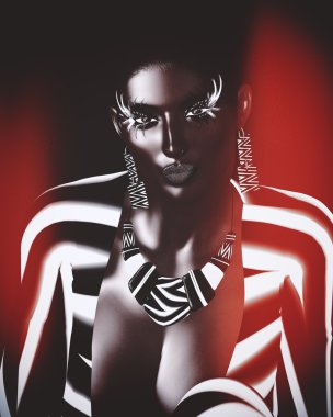 Afro-Amerikan moda güzellik. Makyaj, Aksesuar eşleme ve bir arka plan karşı giyim ile güzel bir kadın çarpıcı bir renkli görüntü.