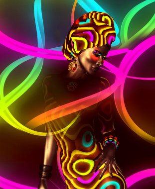 Afro-Amerikan moda güzellik. Makyaj, Aksesuar eşleme ve bir arka plan karşı giyim ile güzel bir kadın çarpıcı bir renkli görüntü.