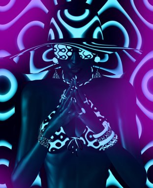 Afro-Amerikan moda güzellik. Makyaj, Aksesuar eşleme ve bir arka plan karşı giyim ile güzel bir kadın çarpıcı bir renkli görüntü.