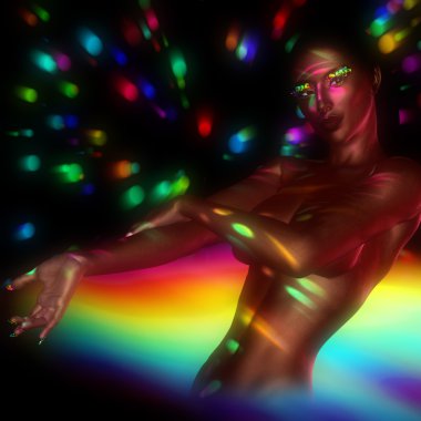 Afro-Amerikan moda güzellik. Makyaj, Aksesuar eşleme ve bir arka plan karşı giyim ile güzel bir kadın çarpıcı bir renkli görüntü.