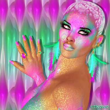  Baştan çıkarıcı fantezi kadınla ışıltılı cilt ve tüy.