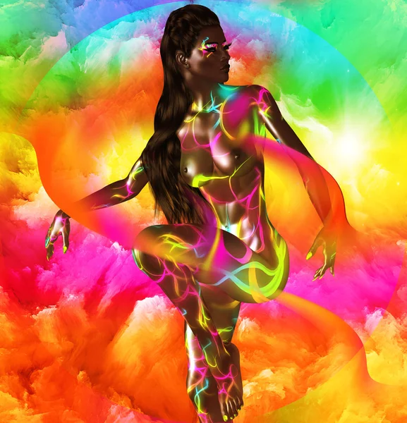 Afro-Amerikan moda güzellik. Makyaj, Aksesuar eşleme ve bir arka plan karşı giyim ile güzel bir kadın çarpıcı bir renkli görüntü.