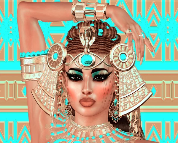 Egyptisk kvinna, pärlor, skönhet och guld i vår digitala konst fantasi scen. — Stockfoto