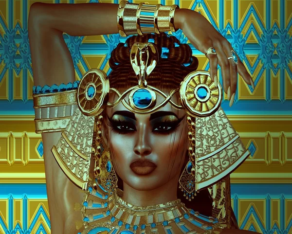 Egyptian woman, beads, beauty and gold in our digital art fantasy scene. — Stock Photo, Image